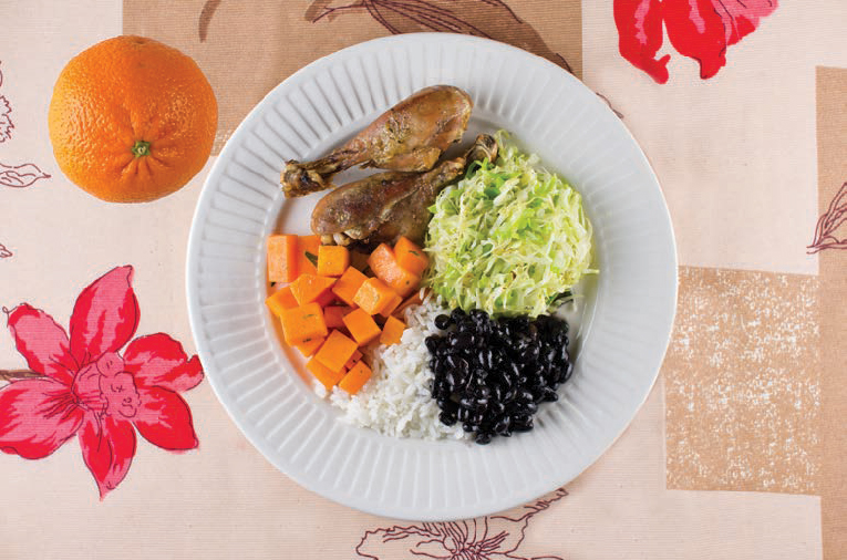 Jantar engorda? - Arroz, feijão, coxa de frango, repolho, moranga e laranja